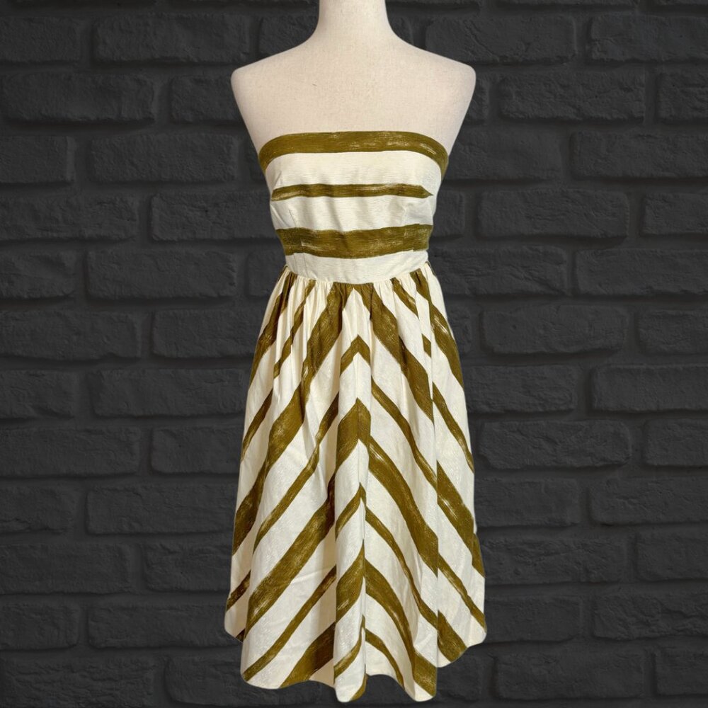 Anthropologie Moulinette Soeurs Strapless A-Line Dress Ivory Green Stripes Sz 0